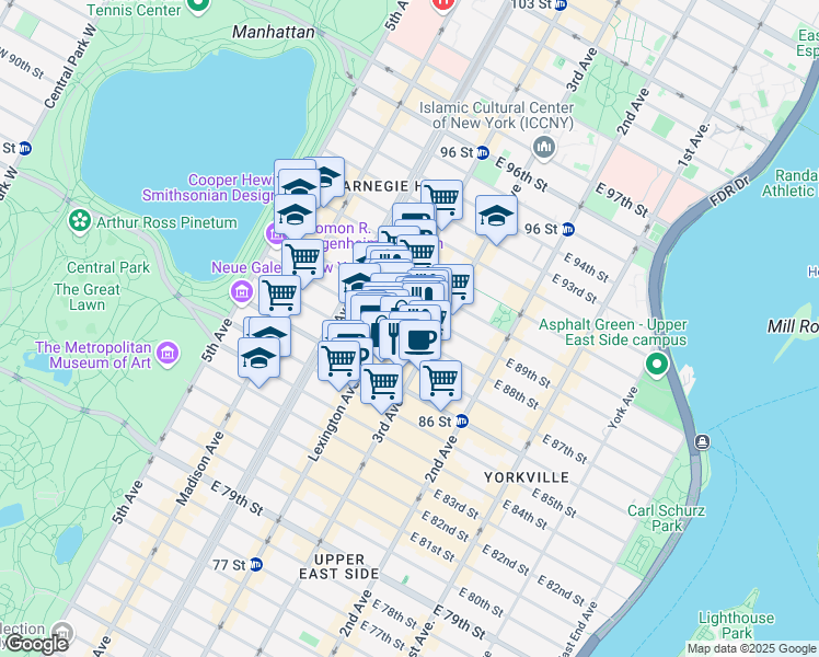 map of restaurants, bars, coffee shops, grocery stores, and more near 159 East 88th Street in New York
