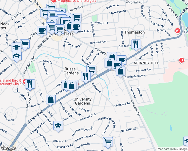 map of restaurants, bars, coffee shops, grocery stores, and more near 525 New York 25A in Great Neck