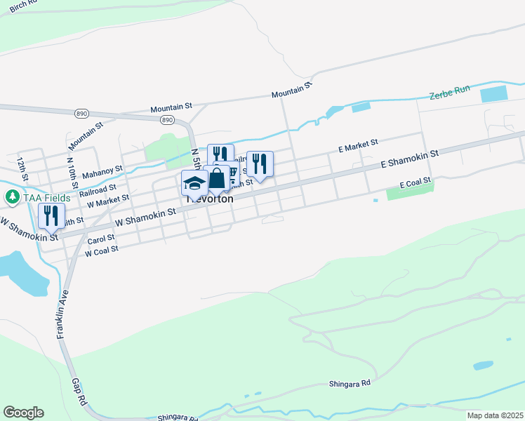map of restaurants, bars, coffee shops, grocery stores, and more near 247 West Coal Street in Trevorton
