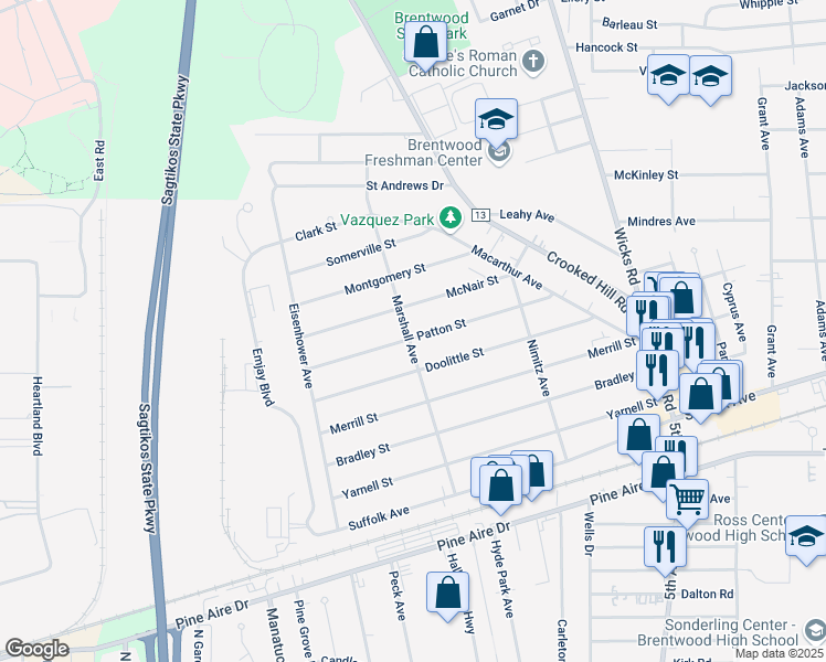 map of restaurants, bars, coffee shops, grocery stores, and more near 29 Patton Street in Brentwood