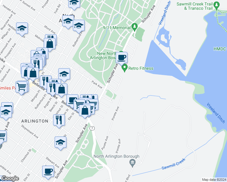 map of restaurants, bars, coffee shops, grocery stores, and more near 11 Vanderbilt Place in North Arlington