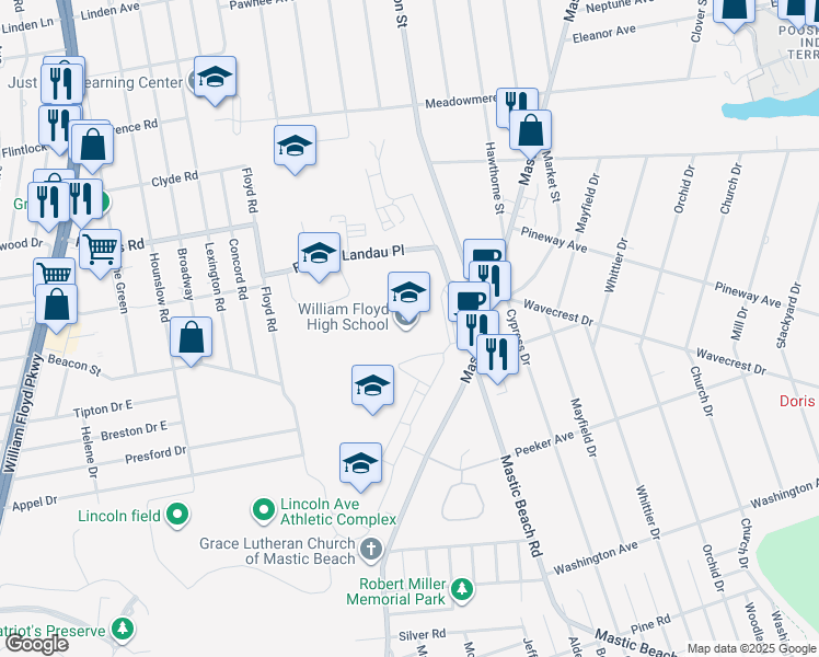 map of restaurants, bars, coffee shops, grocery stores, and more near 240 Mastic Beach Road in Mastic Beach