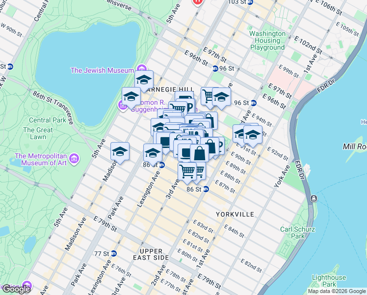 map of restaurants, bars, coffee shops, grocery stores, and more near 1574 3rd Avenue in New York