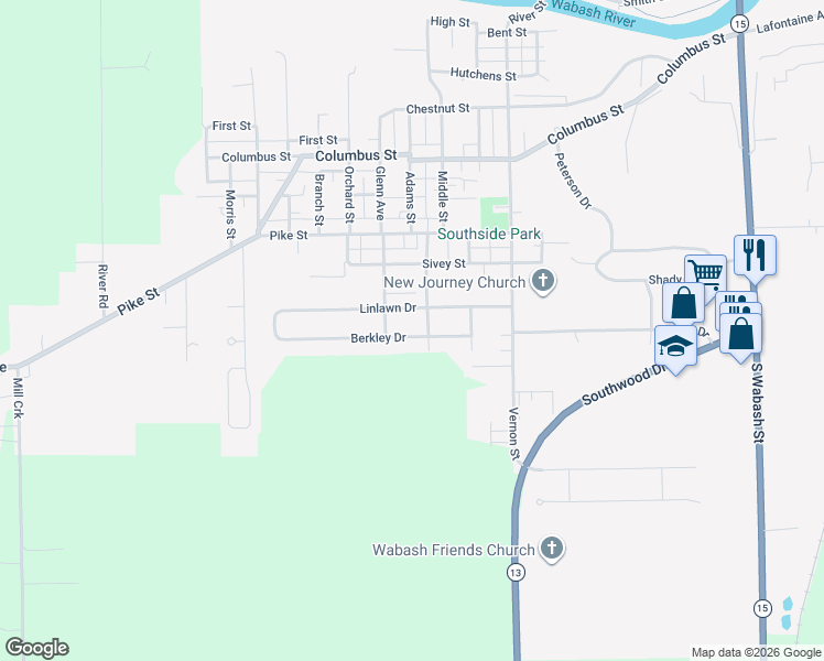 map of restaurants, bars, coffee shops, grocery stores, and more near 720 Berkley Drive in Wabash