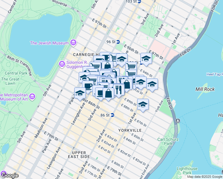 map of restaurants, bars, coffee shops, grocery stores, and more near 205 East 89th Street in New York