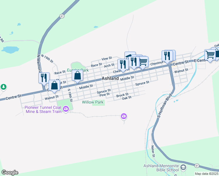 map of restaurants, bars, coffee shops, grocery stores, and more near 1138 Spruce Street in Ashland