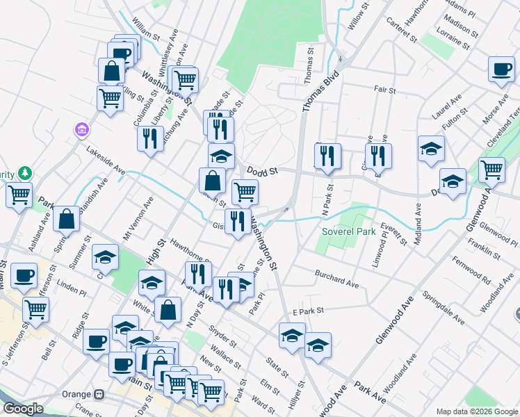 map of restaurants, bars, coffee shops, grocery stores, and more near 307 Washington Street in City of Orange