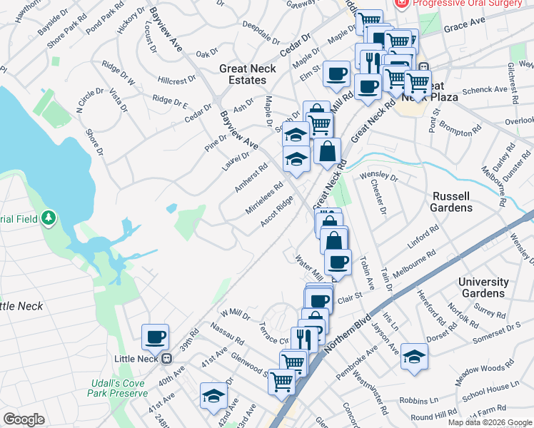 map of restaurants, bars, coffee shops, grocery stores, and more near 8 Ascot Ridge in Great Neck