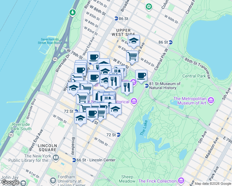 map of restaurants, bars, coffee shops, grocery stores, and more near Columbus Ave & W 77th St in New York