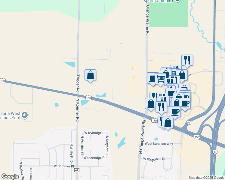 map of restaurants, bars, coffee shops, grocery stores, and more near 7700 North Academic Drive in Peoria