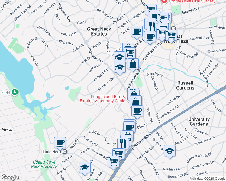 map of restaurants, bars, coffee shops, grocery stores, and more near 8 Ascot Ridge in Great Neck