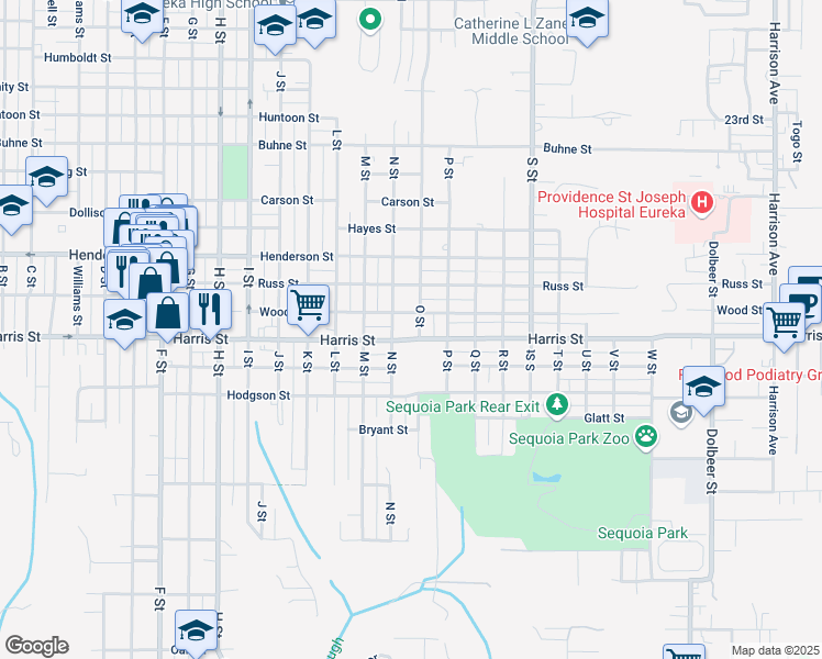 map of restaurants, bars, coffee shops, grocery stores, and more near 3012 O Street in Eureka