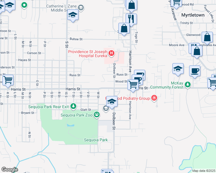 map of restaurants, bars, coffee shops, grocery stores, and more near 2305 Harris Street in Eureka