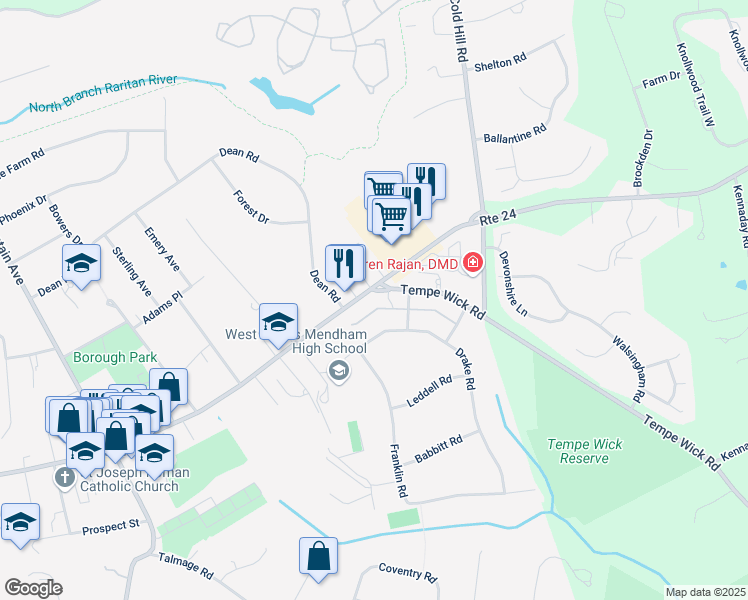 map of restaurants, bars, coffee shops, grocery stores, and more near 89 East Main Street in Mendham