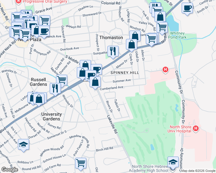 map of restaurants, bars, coffee shops, grocery stores, and more near 9 Cumberland Avenue in Great Neck