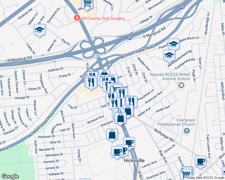 map of restaurants, bars, coffee shops, grocery stores, and more near 335 North Broadway in Jericho