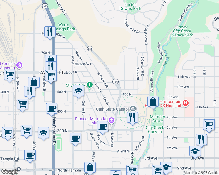 map of restaurants, bars, coffee shops, grocery stores, and more near in Salt Lake City