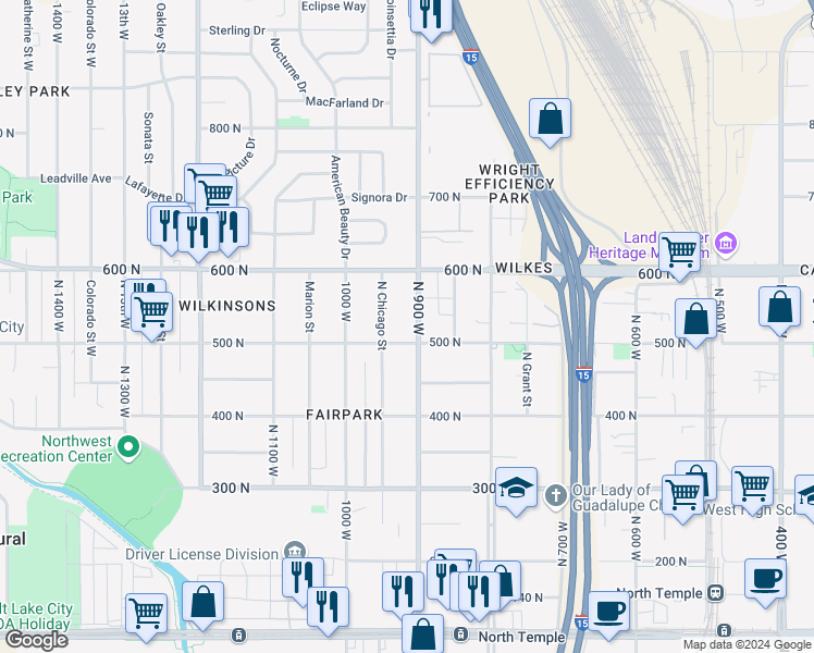 map of restaurants, bars, coffee shops, grocery stores, and more near 930 West 500 North in Salt Lake City