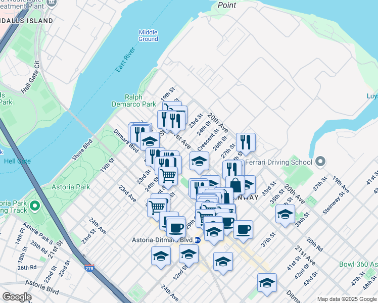 map of restaurants, bars, coffee shops, grocery stores, and more near 24-20 21st Avenue in Queens