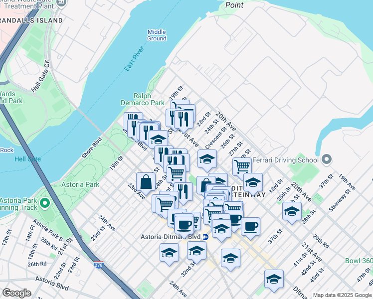 map of restaurants, bars, coffee shops, grocery stores, and more near 21-36 24th Street in Queens