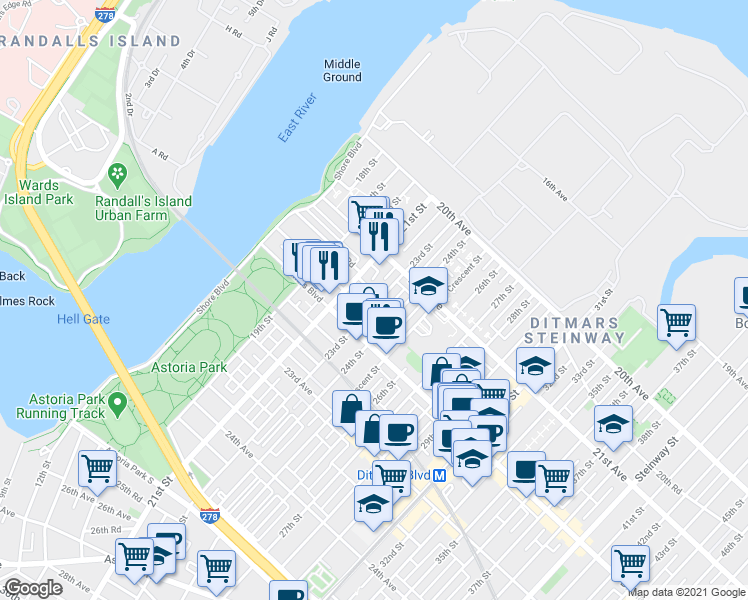 map of restaurants, bars, coffee shops, grocery stores, and more near 21-16 21st Road in Queens