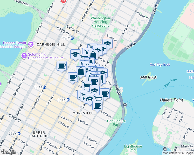 map of restaurants, bars, coffee shops, grocery stores, and more near in New York