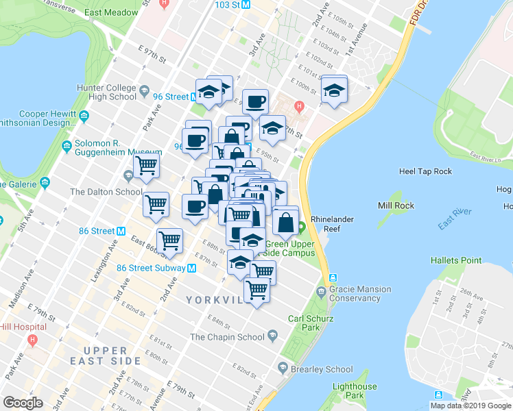 map of restaurants, bars, coffee shops, grocery stores, and more near in New York