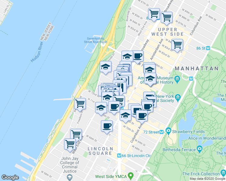 map of restaurants, bars, coffee shops, grocery stores, and more near 244 West 74th Street in New York