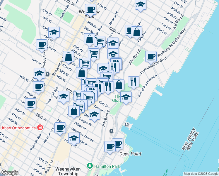 map of restaurants, bars, coffee shops, grocery stores, and more near 32 51st Street in West New York