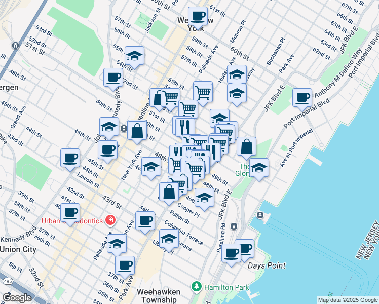 map of restaurants, bars, coffee shops, grocery stores, and more near 4915 Broadway in West New York