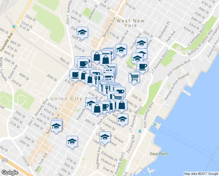 map of restaurants, bars, coffee shops, grocery stores, and more near 149-51 49th Street in Union City