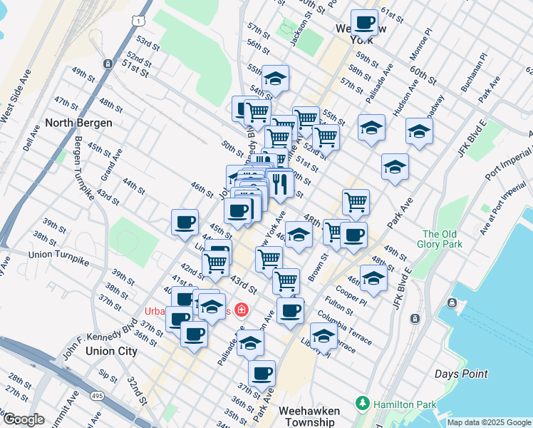 map of restaurants, bars, coffee shops, grocery stores, and more near 414 46th Street in Union City