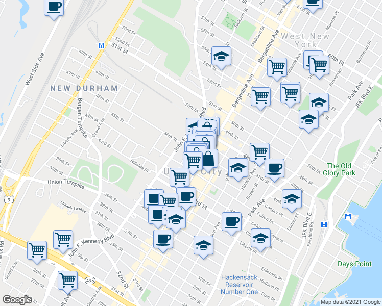 map of restaurants, bars, coffee shops, grocery stores, and more near 4522 Cottage Place in Union City