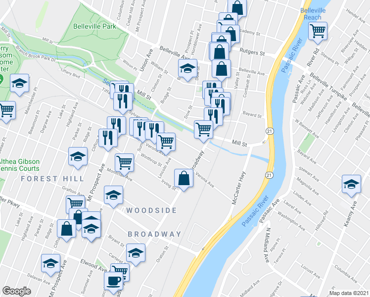 map of restaurants, bars, coffee shops, grocery stores, and more near 101-115 Verona Avenue in Newark
