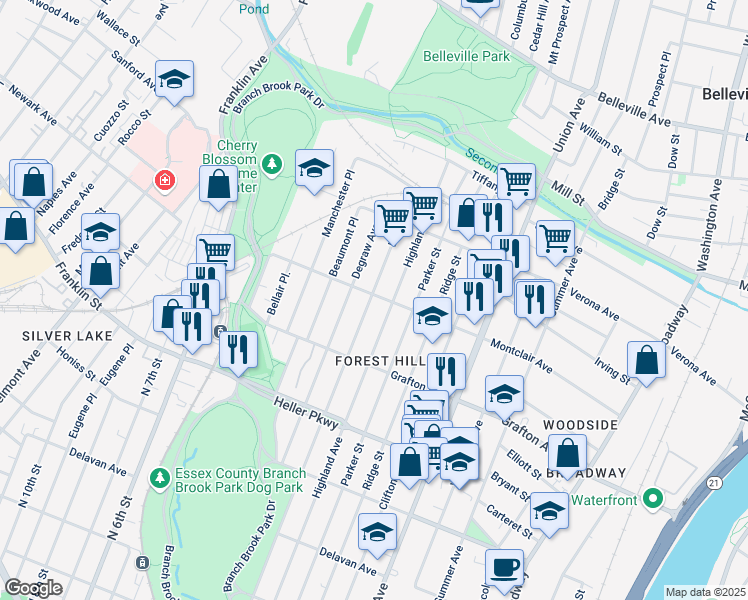 map of restaurants, bars, coffee shops, grocery stores, and more near 848-852 Lake Street in Newark