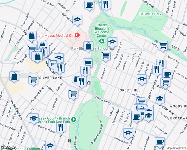 map of restaurants, bars, coffee shops, grocery stores, and more near 347 Grafton Avenue in Newark