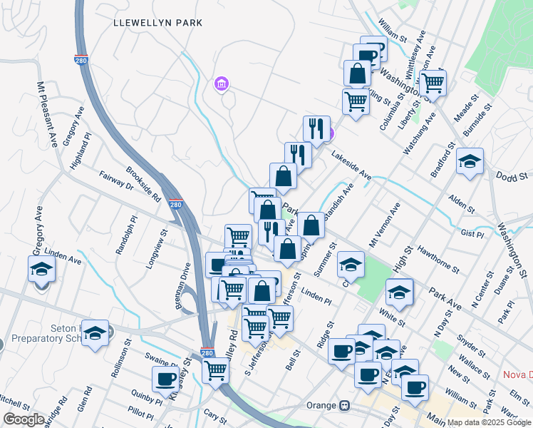 map of restaurants, bars, coffee shops, grocery stores, and more near 2 Llewellyn Place in West Orange