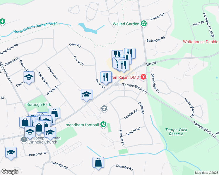 map of restaurants, bars, coffee shops, grocery stores, and more near 85 East Main Street in Mendham