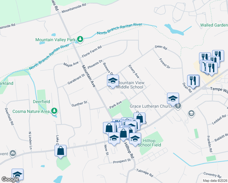 map of restaurants, bars, coffee shops, grocery stores, and more near 100 Dean Road in Mendham