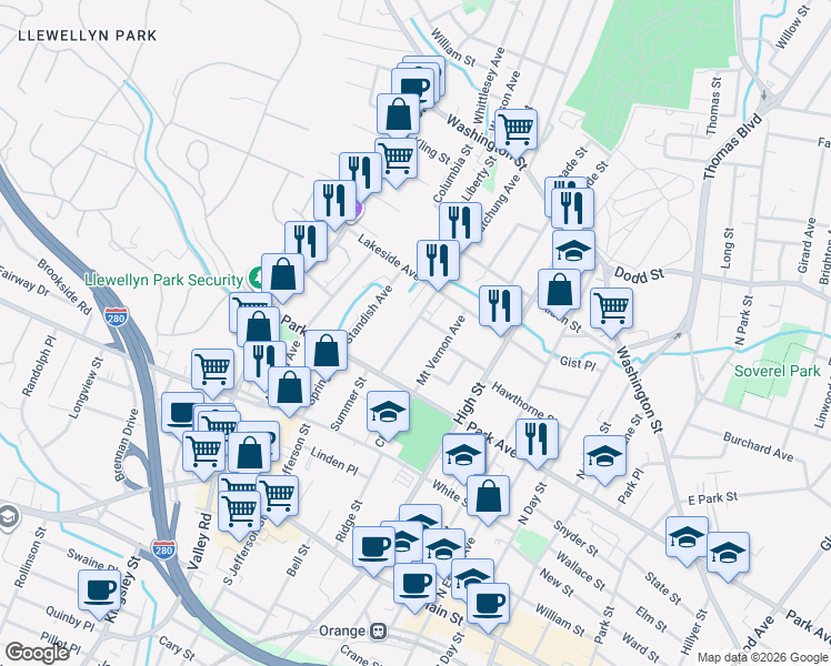 map of restaurants, bars, coffee shops, grocery stores, and more near 228 Watchung Avenue in City of Orange