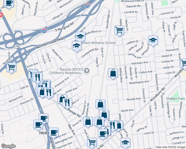 map of restaurants, bars, coffee shops, grocery stores, and more near 27 Clinton Lane in Hicksville