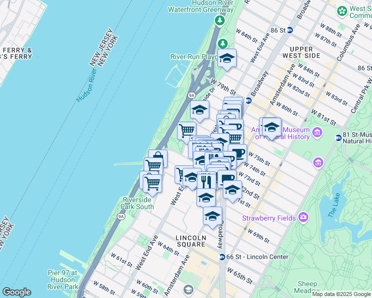 map of restaurants, bars, coffee shops, grocery stores, and more near 4 Riverside Drive in New York