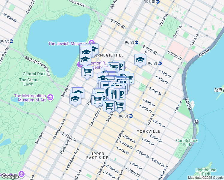 map of restaurants, bars, coffee shops, grocery stores, and more near 154 East 88th Street in New York