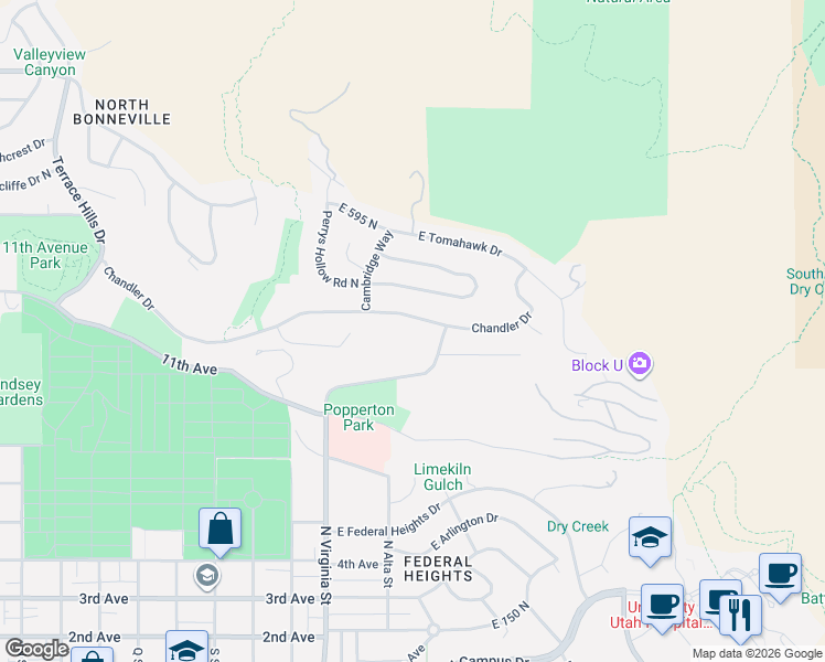 map of restaurants, bars, coffee shops, grocery stores, and more near 1360 Chandler Drive in Salt Lake City