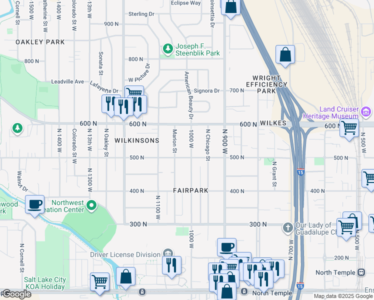 map of restaurants, bars, coffee shops, grocery stores, and more near 515 North 1000 West in Salt Lake City
