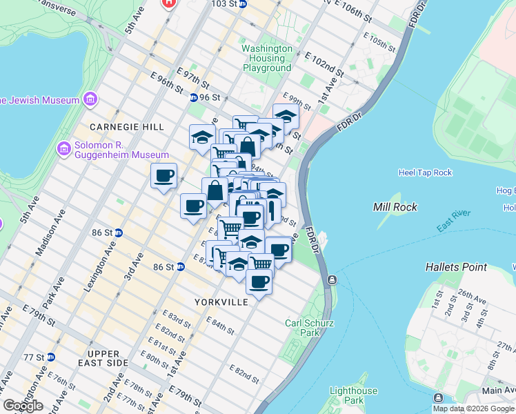 map of restaurants, bars, coffee shops, grocery stores, and more near in New York