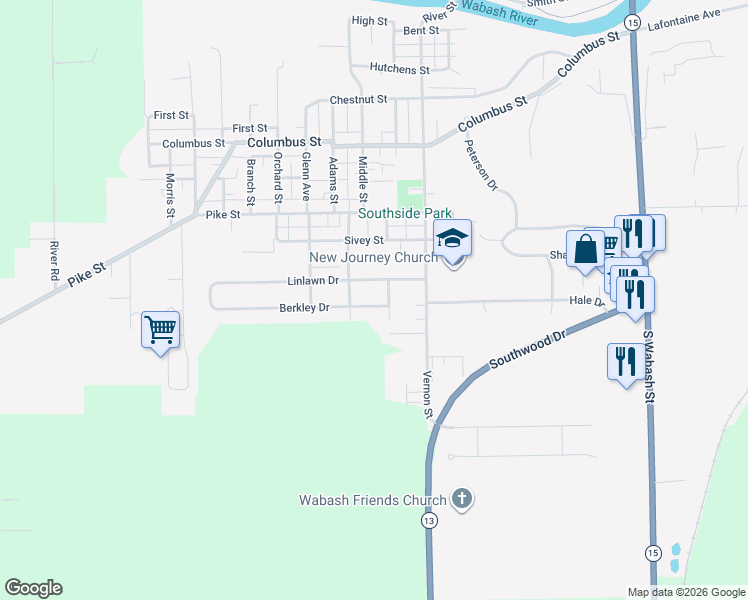 map of restaurants, bars, coffee shops, grocery stores, and more near 620 Berkley Drive in Wabash