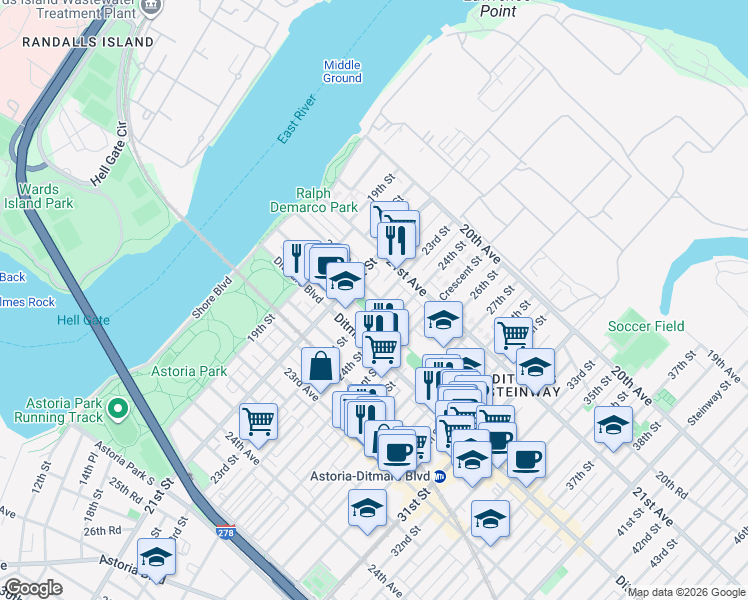 map of restaurants, bars, coffee shops, grocery stores, and more near 21-26 21st Road in Queens