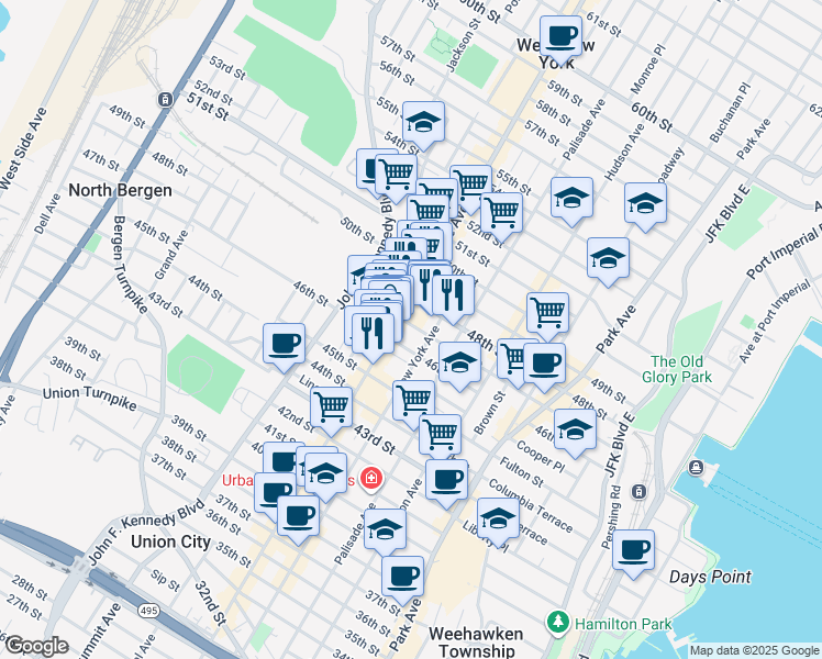 map of restaurants, bars, coffee shops, grocery stores, and more near 414 46th Street in Union City