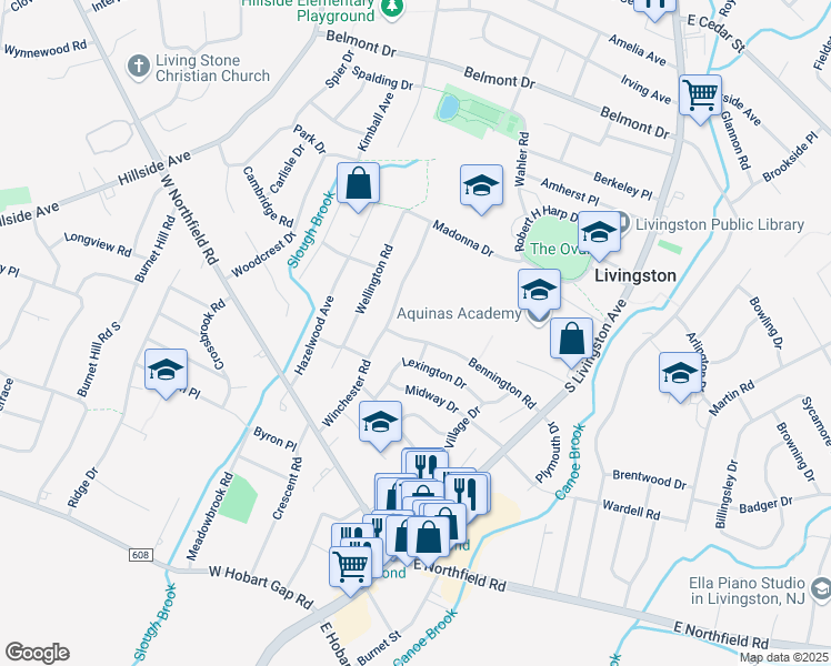 map of restaurants, bars, coffee shops, grocery stores, and more near 52 Bennington Road in Livingston